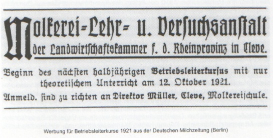 Werbung fr Betriebsleiterkurse 1921 aus der Deutschen Milchzeitung, Berlin