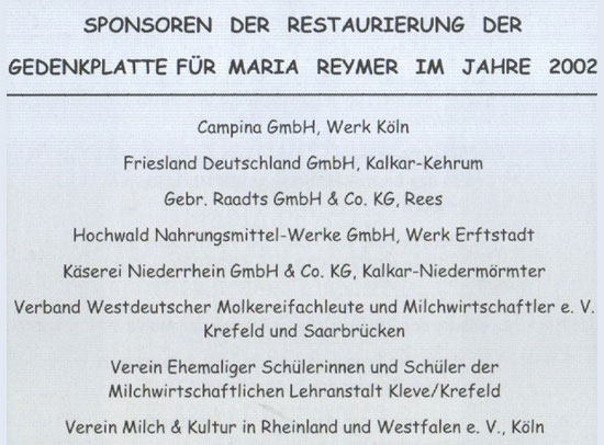 Sponsoren der Restaurierung der Gedenkplatte für Maria Reymer im Jahre 2002